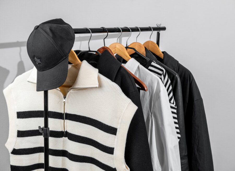 Rack with stylish women's clothes. Capsule minimal wardrobe. Rack with stylish women's clothes. Capsule minimal wardrobe.