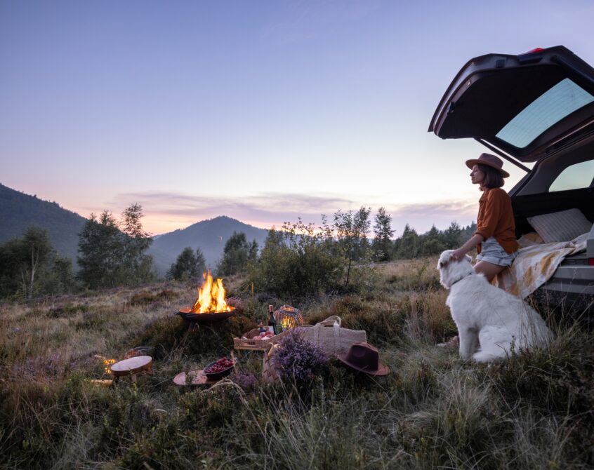 Woman traveling by car and having a picnic in the mountains